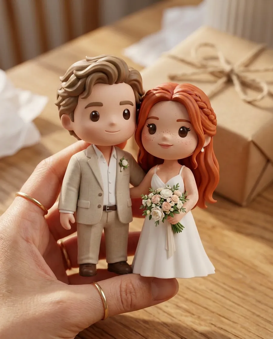 A hand holds a small chibi figure of a bride and groom